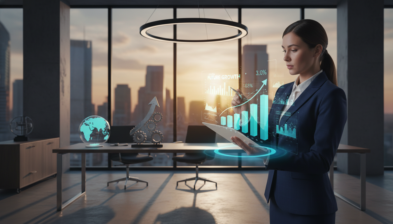 Photorealistic image of a modern business owner analyzing financial growth charts on a high-tech transparent tablet in a sleek corporate office, symbolizing future financial success and unsecured capital funding, cinematic lighting, 8k resolution.