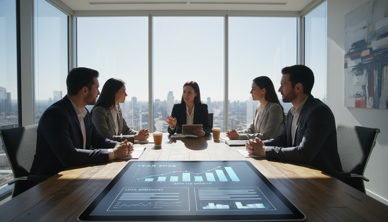 A professional financial consultation scene in a modern, sunlit office with glass walls. A diverse group of business partners is analyzing digital financial projections for the year 2026 on a tablet, with a focus on growth charts and loan documents. Photorealistic, 8k resolution, cinematic lighting, corporate atmosphere.