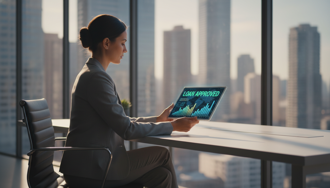 A photorealistic, high-resolution image of a modern business executive using a tablet in a sunlit, glass-walled office. The tablet screen displays a futuristic fintech dashboard with 'Loan Approved' and growth graphs. The background features a blurred city skyline, symbolizing corporate ambition and modern finance, 8k resolution, cinematic lighting.