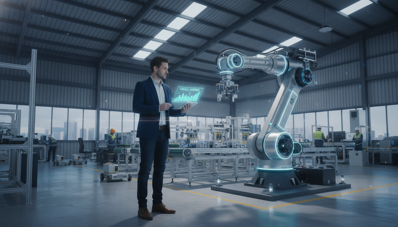 A high-resolution, photorealistic image of a modern industrial warehouse scene. A business owner in smart casual attire is inspecting a high-tech robotic arm manufacturing unit while holding a tablet displaying financial approval charts. The lighting is cinematic, highlighting the sleek machinery and the digital interface on the tablet.