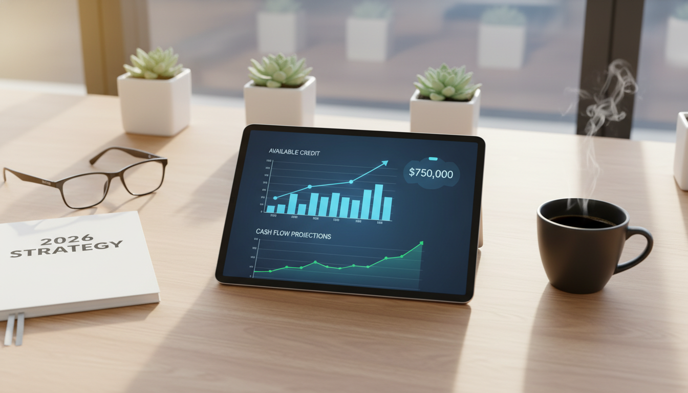 A photorealistic, high-angle shot of a modern, professional office desk in 2026. On the desk, there is a tablet displaying a futuristic fintech dashboard with graphs showing 'Available Credit' and 'Cash Flow Projections'. Next to the tablet, a pair of glasses, a cup of coffee, and a notebook with '2026 Strategy' written on it. The lighting is natural and bright, conveying a sense of optimism and financial clarity.