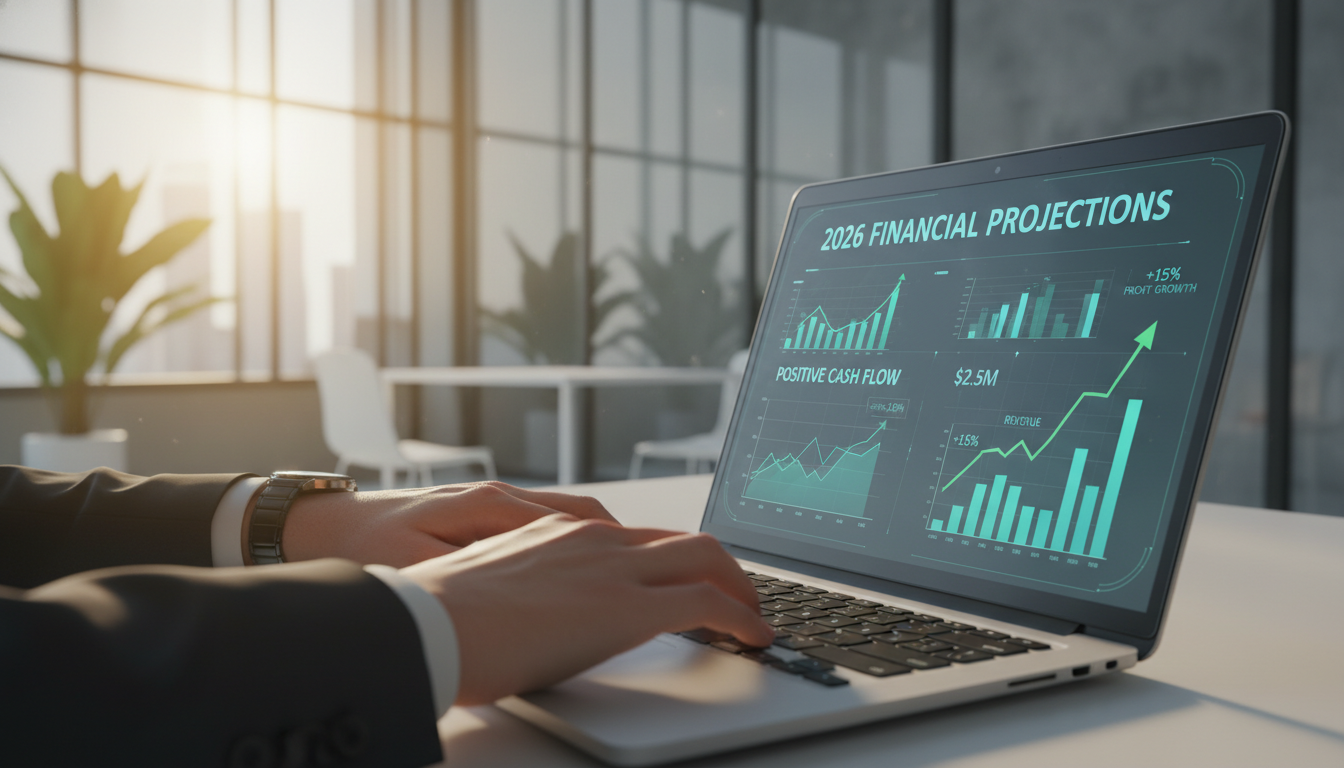 A photorealistic close-up of a business owner's hands typing on a laptop with a modern interface displaying '2026 Financial Projections' and positive cash flow charts, set in a contemporary, sunlit office with blurred glass partitions in the background.
