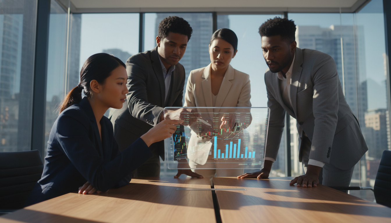 A photorealistic, high-resolution image of a diverse group of business professionals in a modern, sunlit conference room, seriously discussing financial charts displayed on a transparent glass tablet, wearing smart business attire, depth of field focusing on the data analysis, cinematic lighting.