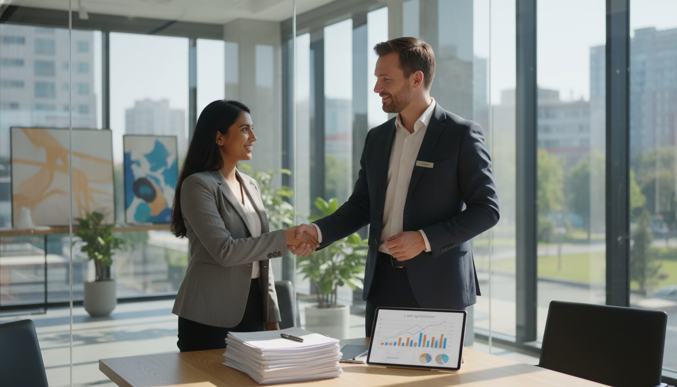 A photorealistic image of a diverse small business owner shaking hands with a professional loan officer in a modern, sunlit office glass conference room, with a stack of loan application documents and a digital tablet displaying financial growth charts on the table.
