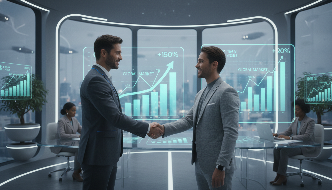 A photorealistic, high-quality image of a modern, futuristic 2026 office environment where a confident entrepreneur is shaking hands with a financial advisor, with digital holographic charts displaying upward financial trends in the background.