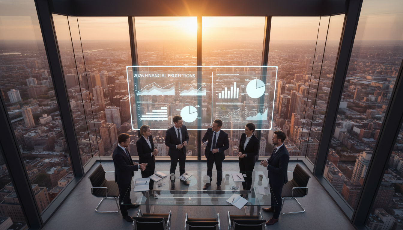 A photorealistic, high-angle shot of a modern glass-walled conference room where a diverse group of business professionals in suits are analyzing 2026 financial projection charts displayed on a transparent digital whiteboard, with a cityscape visible through the window during the golden hour, symbolizing future financial planning.
