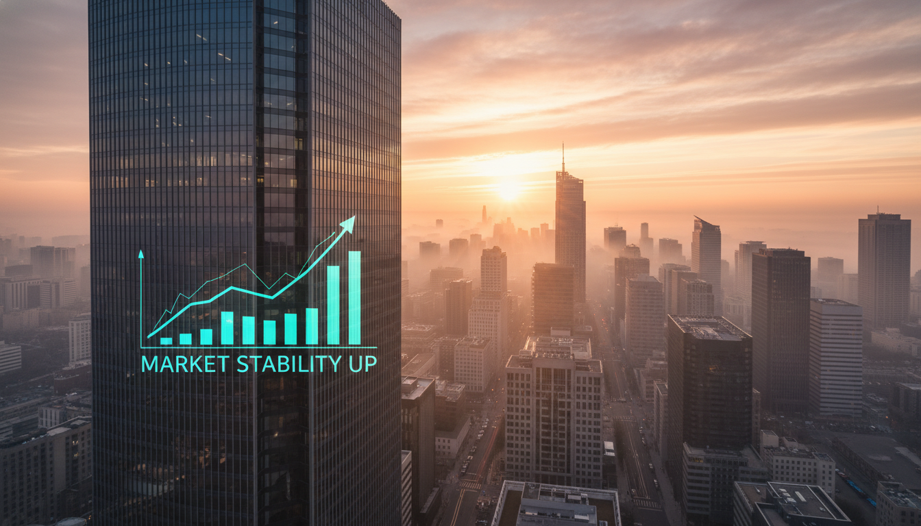 A photorealistic, high-angle shot of a modern city financial district at sunrise, featuring a sleek glass skyscraper in the foreground with a digital graph overlay subtly indicating upward market stability trends, cinematic lighting, 8k resolution